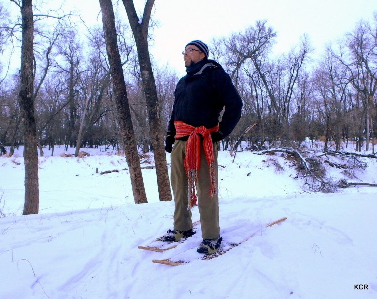 author wearing his ceinture fléchée while on snowshoes
