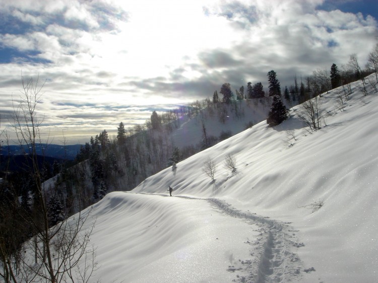 man snowshoeing on trail in Uinta Mountains Utah