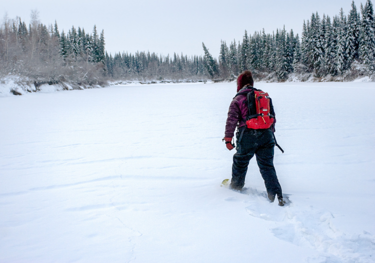 prevent ankle pain: person snowshoeing in deep snow with trees in background