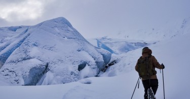 person snowshoeing near Portage Glacier, AK