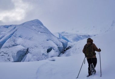 person snowshoeing near Portage Glacier, AK