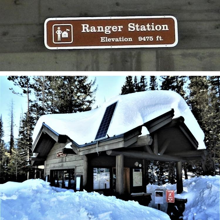 top / bottom: ranger sign and snowy ranger station