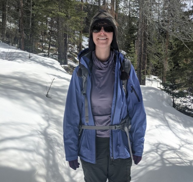 wearing Ridge Merino Aspect High Neck on the trail