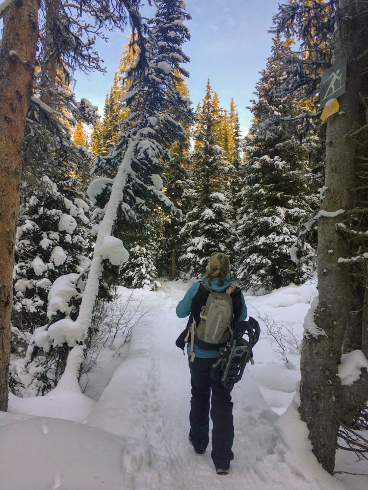 trail etiquette: person walking on trail with snow with snowshoes strapped to backpack