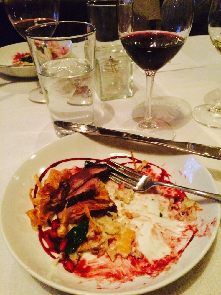 romantic getaway: food on plate and wine in background at Rupert's restaurant