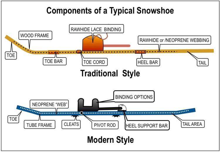 drawing of traditional and modern snowshoe with anatomy labels