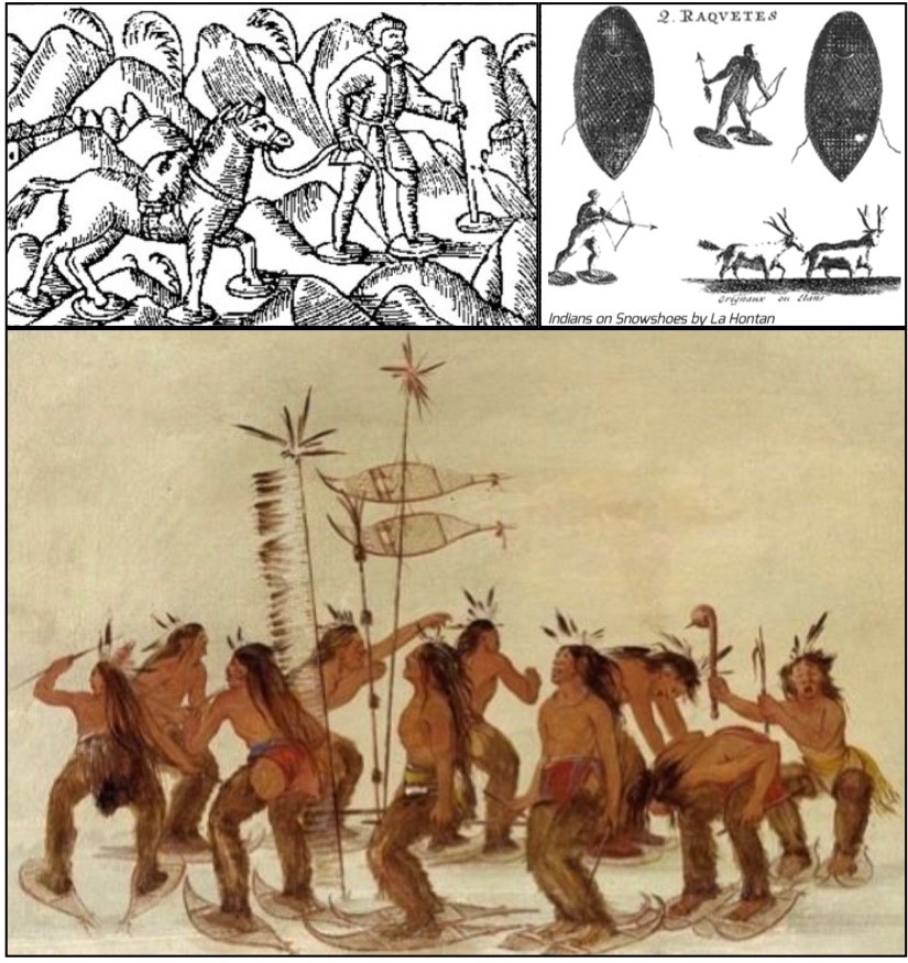 three photos: drawing of man and horse with snowshoes, snowshoe raquettes, indigenous peoples performing a dance on snowshoes