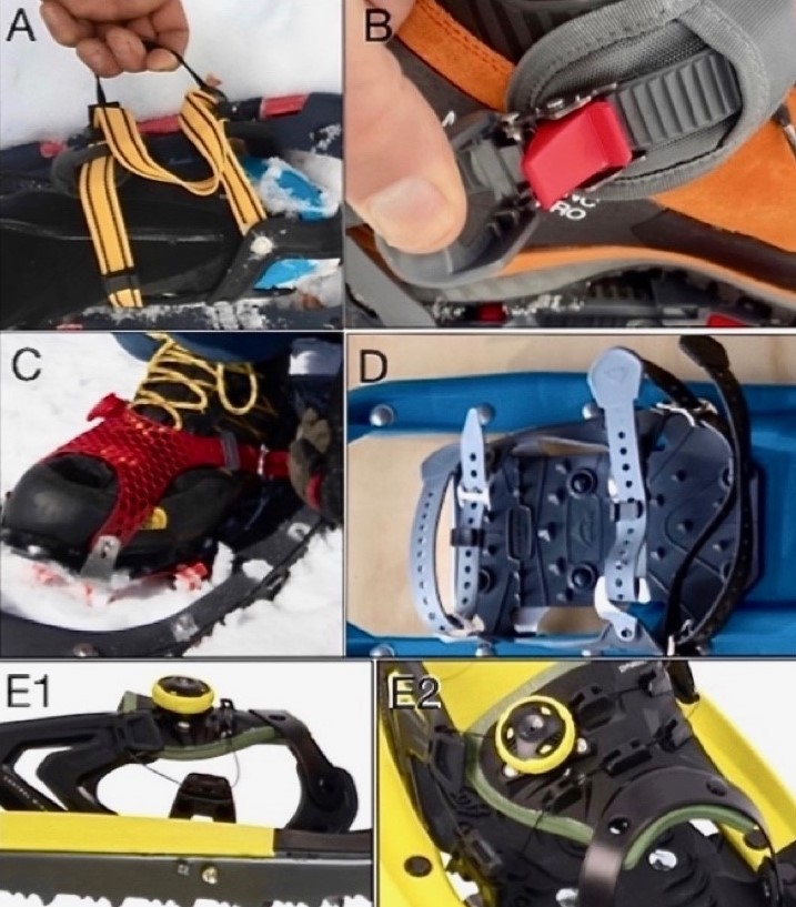 photo compilation with multiple styles of snowshoe bindings