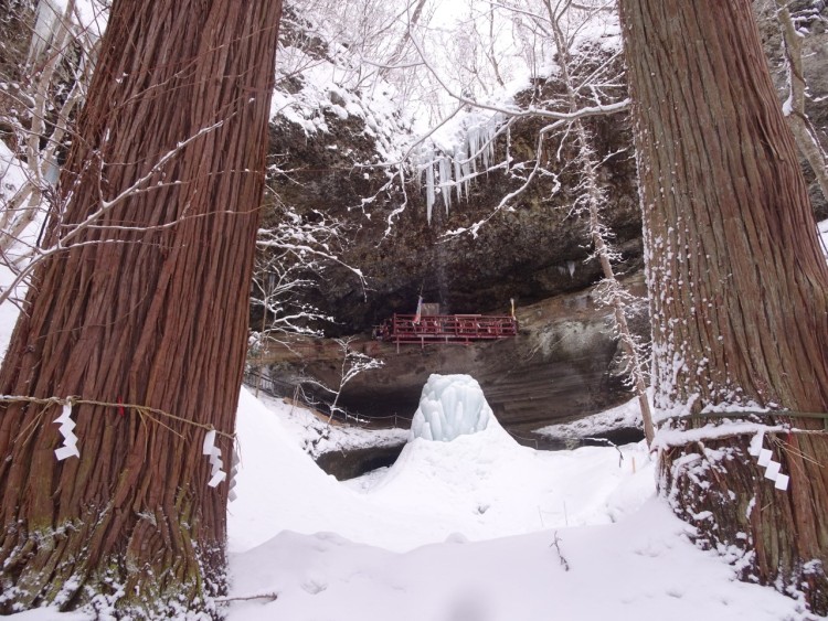 view of snowy waterfall between two trees