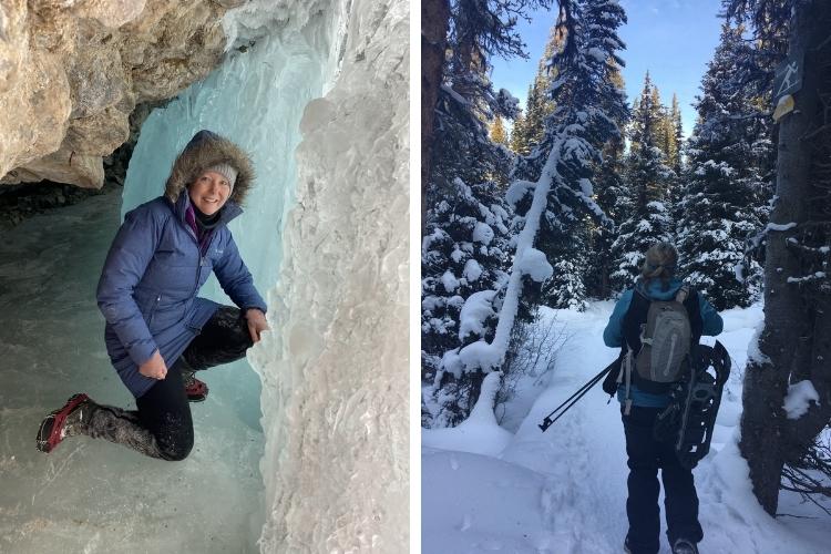 side by side: L woman kneeling on ice in cave; R: person with snowshoes strapped to backpack on snowy trail