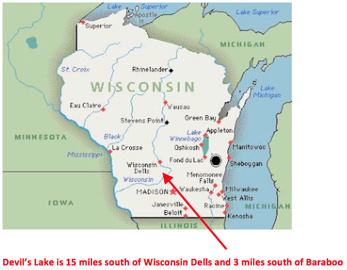 map of Wisconsin with arrow pointing to Devil's Lake