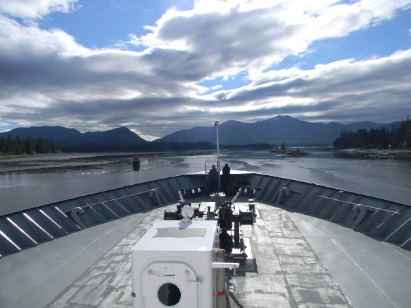The ferry slowly making it's way through the Wrangell Narrows.