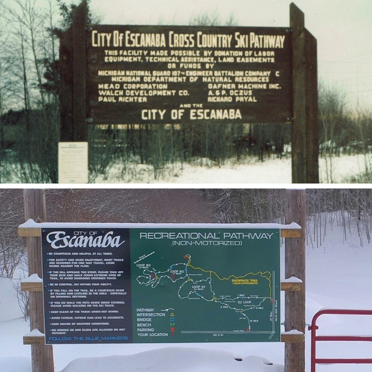 snowshoeing in upper peninsula Michigan: side by side recreation signs for Escanaba Ski Trail 1980s and today