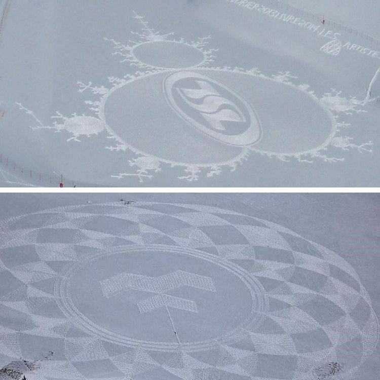 top and bottom : 2 snow drawings by snow artist Simon Beck