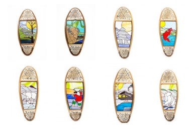 compilation of snowshoes with stained glass art