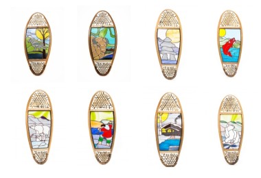 compilation of snowshoes with stained glass art