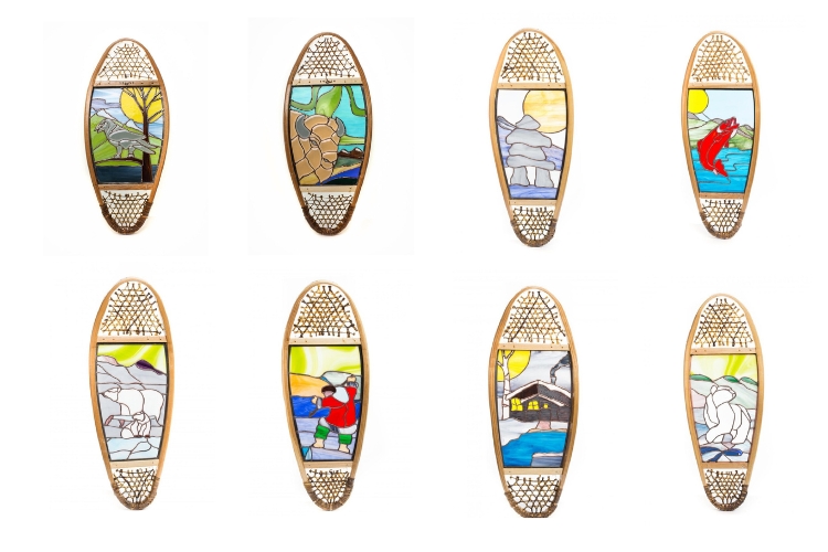 snowshoe artist Canada: compilation of snowshoes with stained glass art