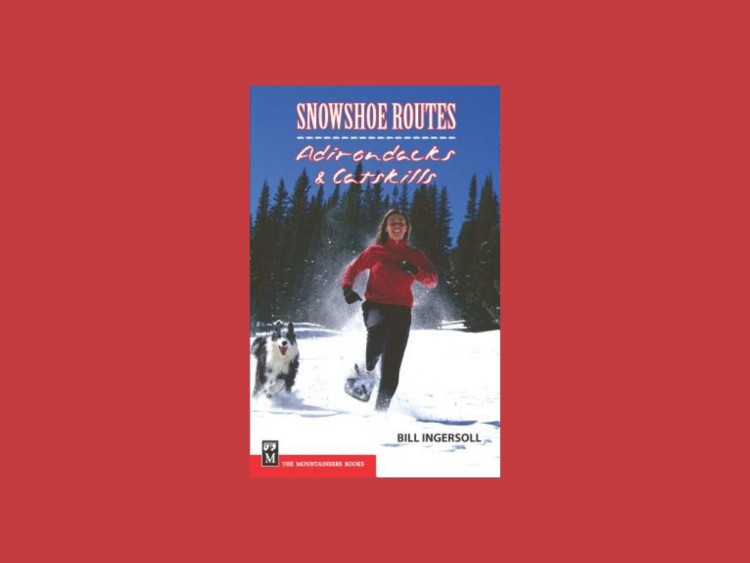 book snowshoe routes in adirondacks on red background