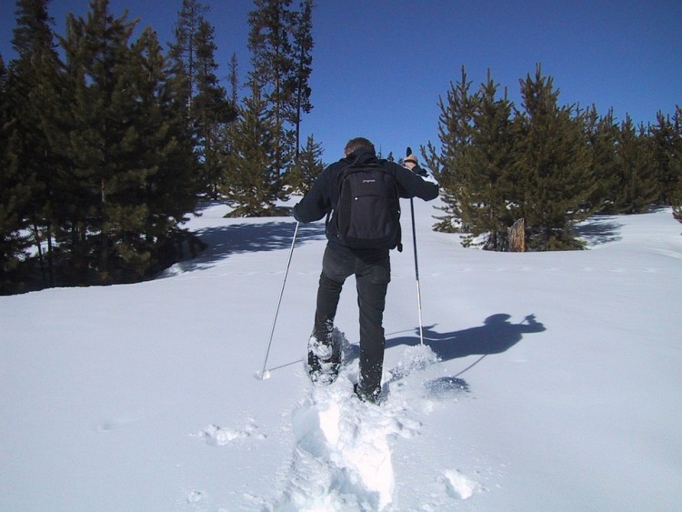 person walking up hill in snow when snowshoeing