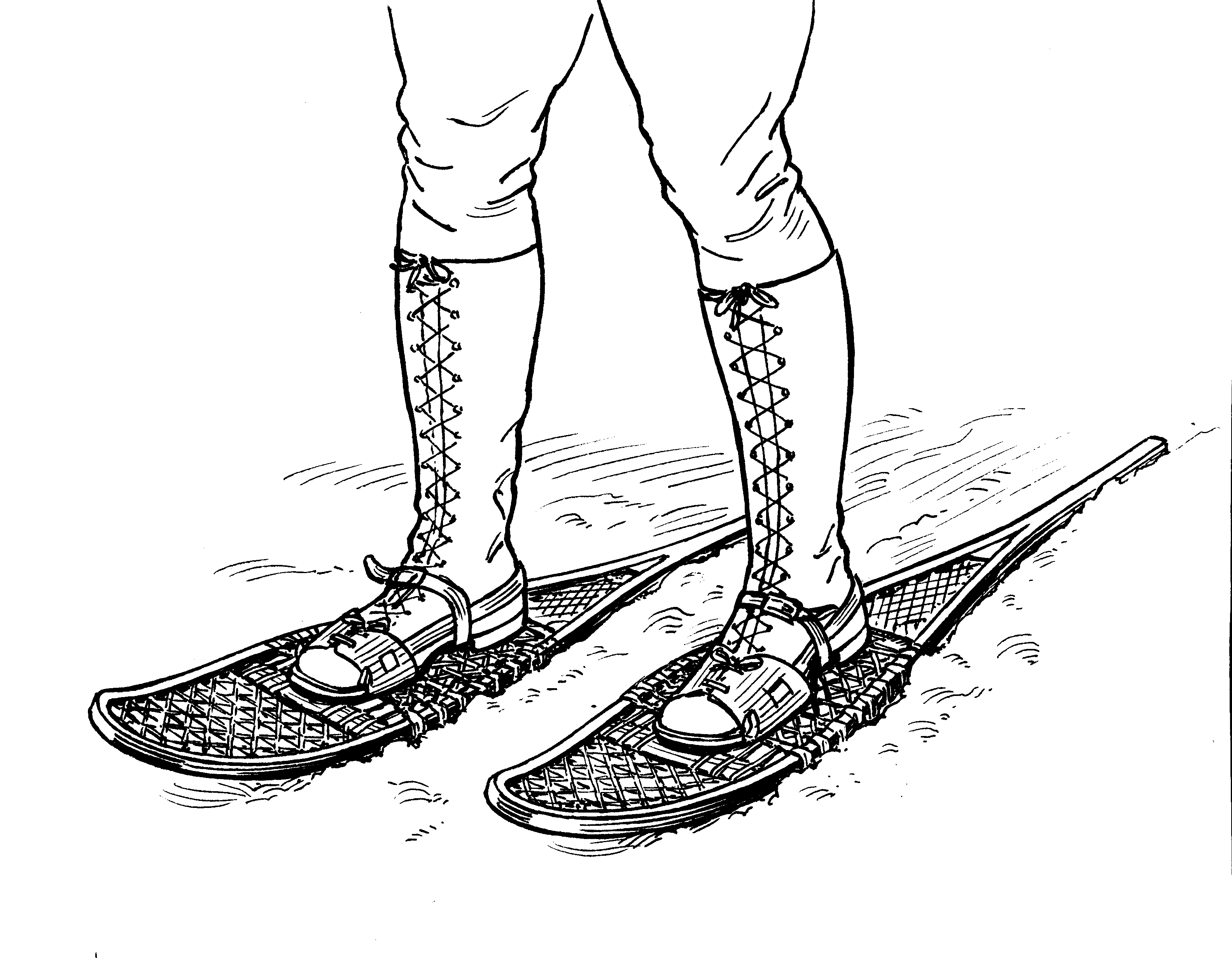 drawing of person wearing traditional snowshoes