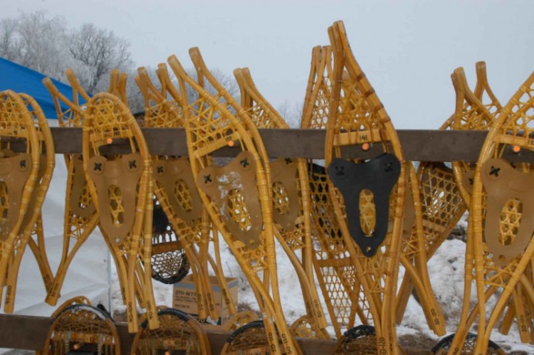 group of traditional snowshoes