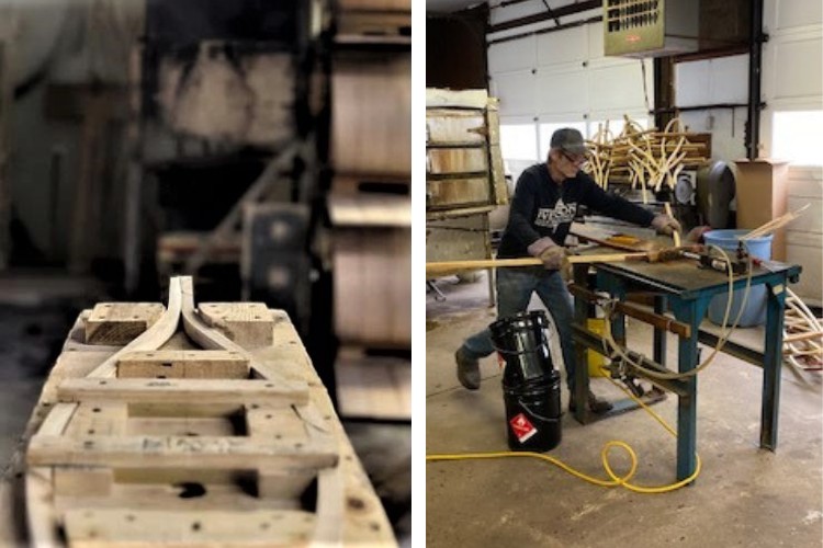 side by side L: traditional snowshoe frame in production R: person crafting wooden framed snowshoes in factory