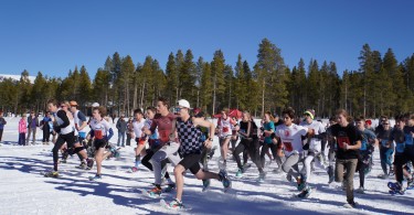 snowshoe championship: group of snowshoe racers running from start line