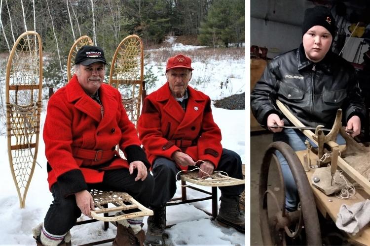 traditional snowshoe makers: side by side L: two men sit in snow with wooden snowshoes behind them R: boy working on machine making snowshoes