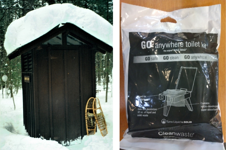 side by side: L: outhouse with snow and snowshoes next to it R: example of commercial pack out kit