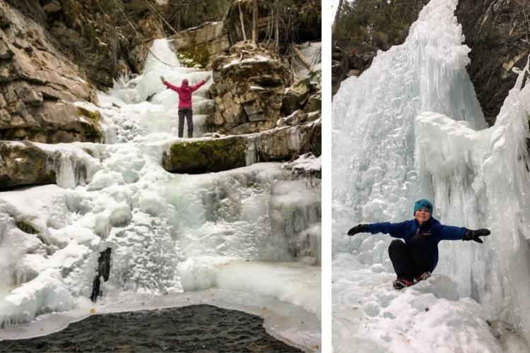 side by side L: woman in background standing on frozen waterfall; R: child sitting on frozen waterfall with arms extended