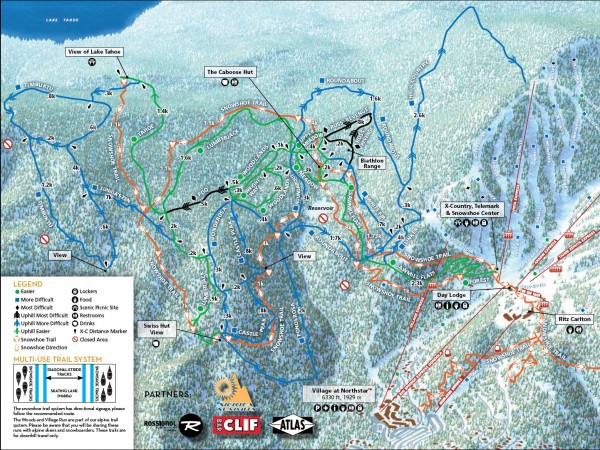 The orange trails are for snowshoes. Courses vary as single-track layouts rule as connectors.