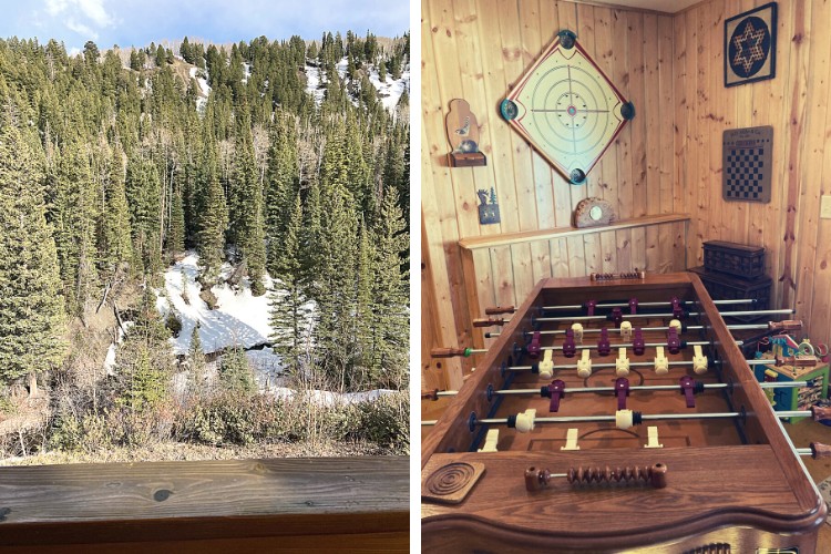 side by side: view of river and trees from balcony and right: close up of foosball table