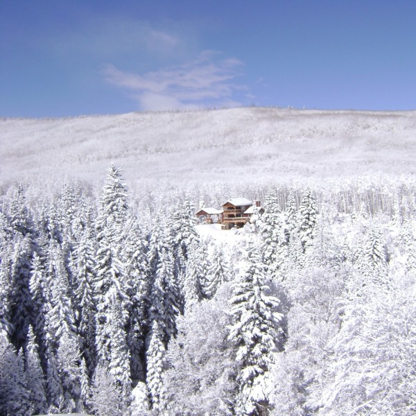 aerial view of Wild Skies Cabin surrounded by snow