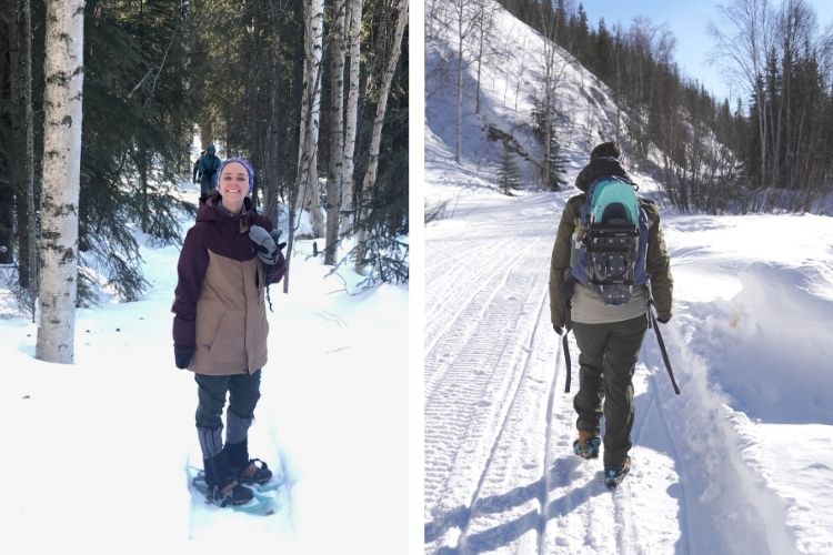 side by side: L: posing for photo wearing snowshoes in deep snow; R: person walking ahead with snowshoes strapped to their pack
