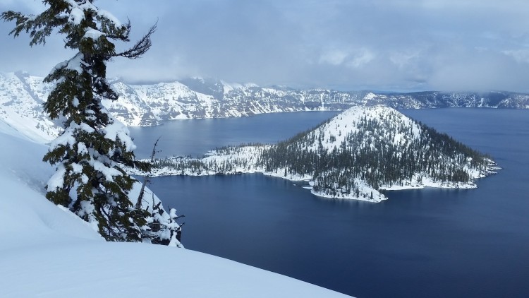 Crater Lake National Park in winter: view of Crater Lake and Wizard Island 