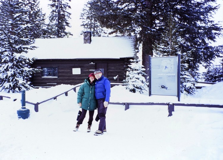 Margaret and Stan in front of Flagg Ranch lodging in Yellowstone