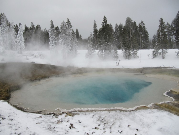 geyser in Yellowstone National Park surrounded by snow