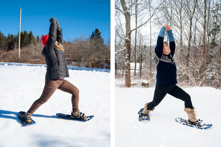 side by side: women completing Warrior I yoga poses on snowshoes