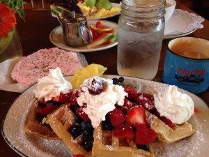 A towering plate of breakfast goodies at Big City Coffee, where "bigger is better."