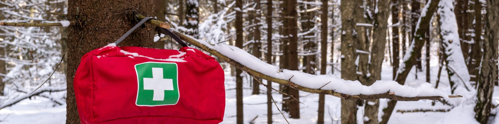 first aid kit hanging on tree with snow