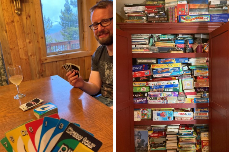 side by side: UNO card game and man at table in cabin with view of Colorado wilderness in background left: stacks of games and books