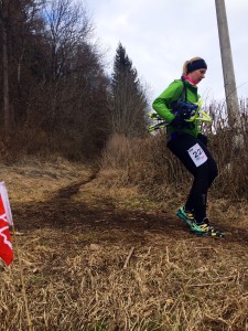 The author runs carrying her snowshoes on the final 3km (Photo by Marcus Fink)