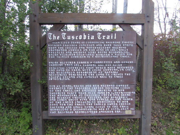 Sign commemorating Hulda Hilfiker's efforts to create the Tuscobia Trail circa 1968