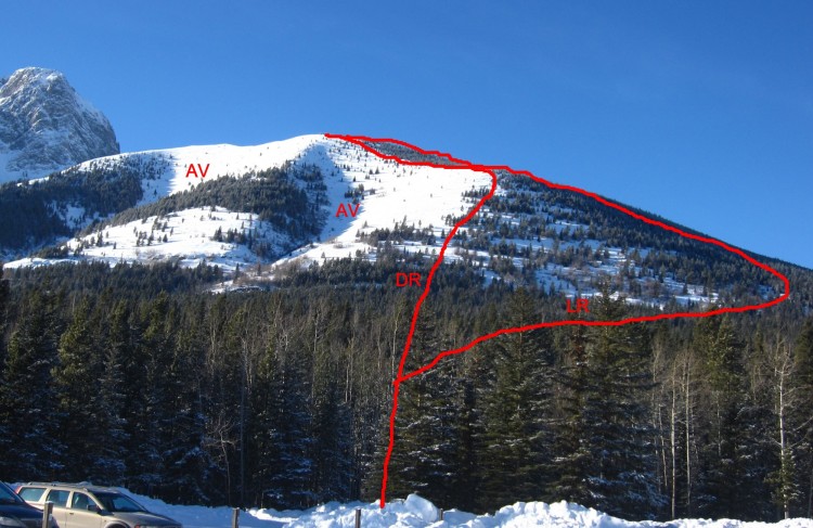 snowshoeing Canadian Rockies book: photo of route with red markings to denote avalanche risk and safer pathways