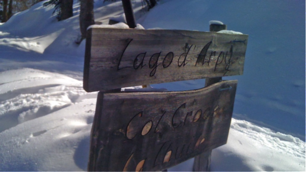 Snowshoeing past the Lago d’Arpy.