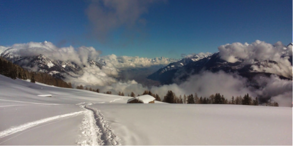 Descending from Arpille, with just our tracks in view, and the mountain to ourselves.