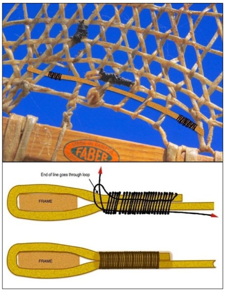 top: close up of webbing repair; bottom: illustration of how to wrap webbing repair