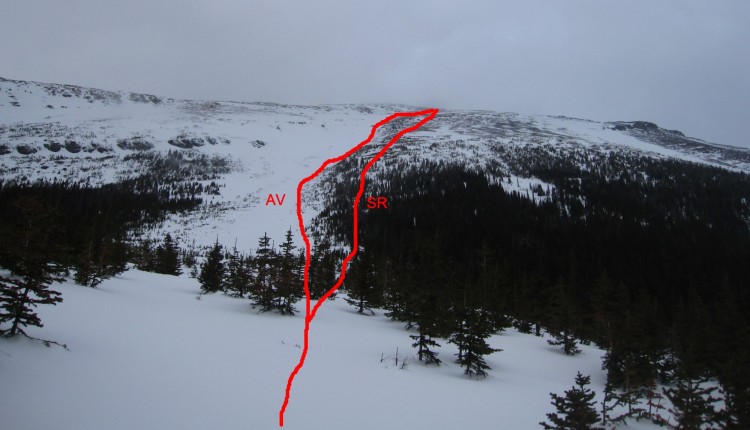 snowshoeing Canadian Rockies book: red lines drawn to indicate safer routes along a mountain route covered in snow