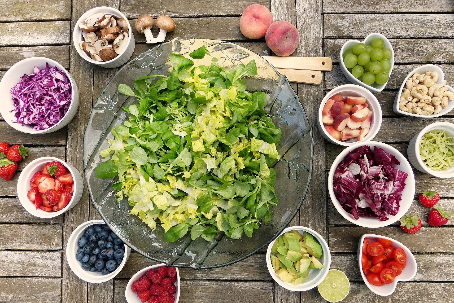 salad, fruits, vegetables