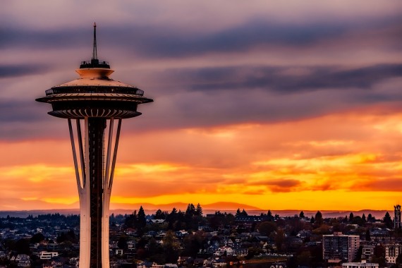 space needle at sunset
